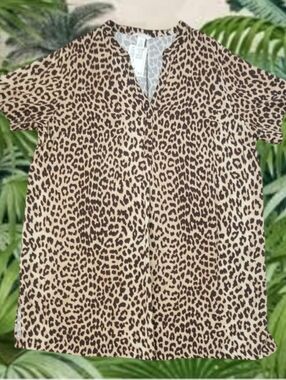 H&M Ladies Beige & Black Leopard Print Short Sleeve V-Neck Tunic Dress